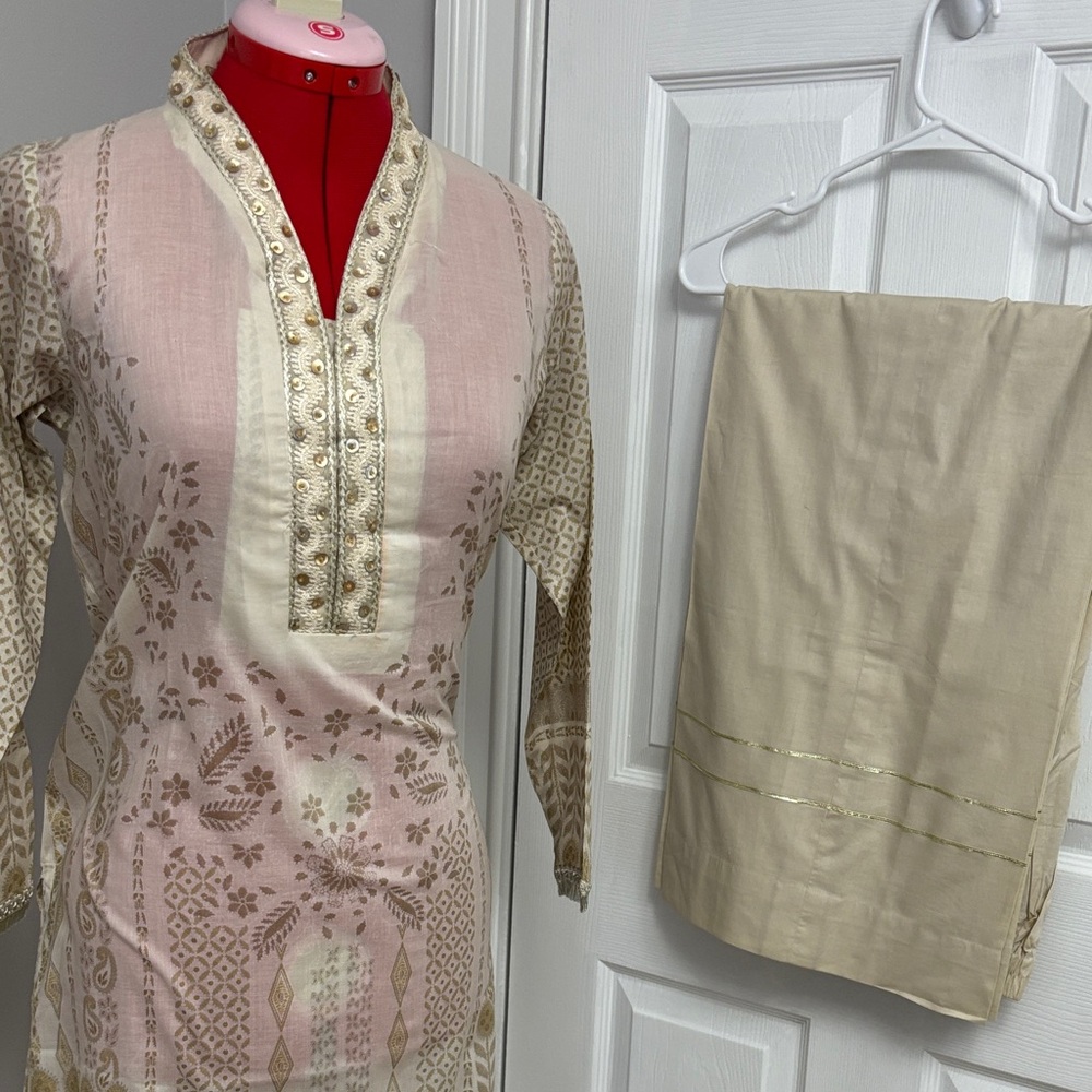 Embroidered Pink & Cream Long Tunic with Matching Bottom